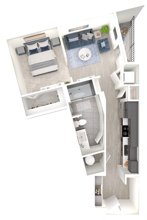 a stylized floor plan of a bedroom with a bathroom and a living room